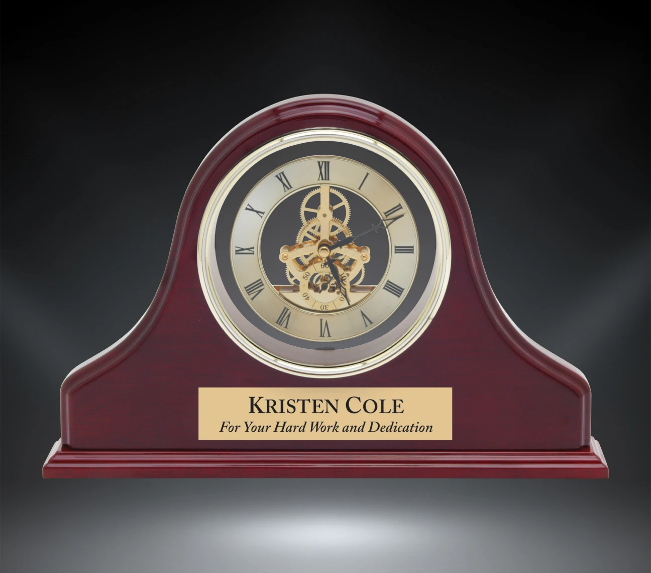 Wooden clock with engraved dedication plaque