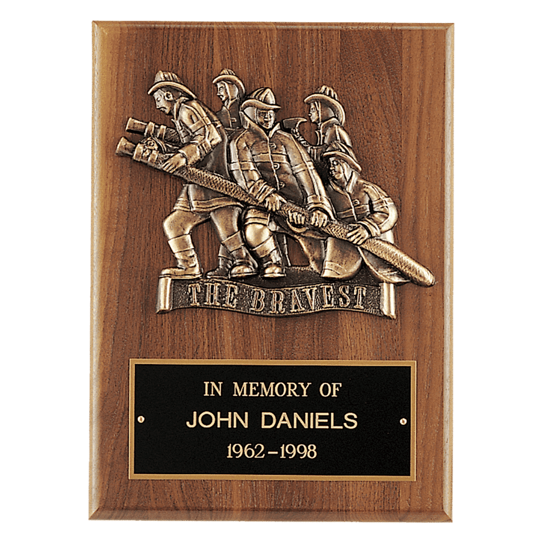 9" x 12" American Walnut Plaque, Bronze Cast Fire Department "Bravest"